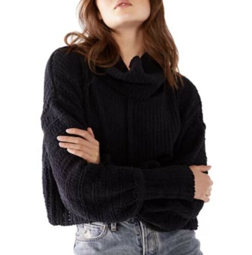 Free People Be Yours Black Plush Chunky Knit Oversized Mock Crop Sweater Xs