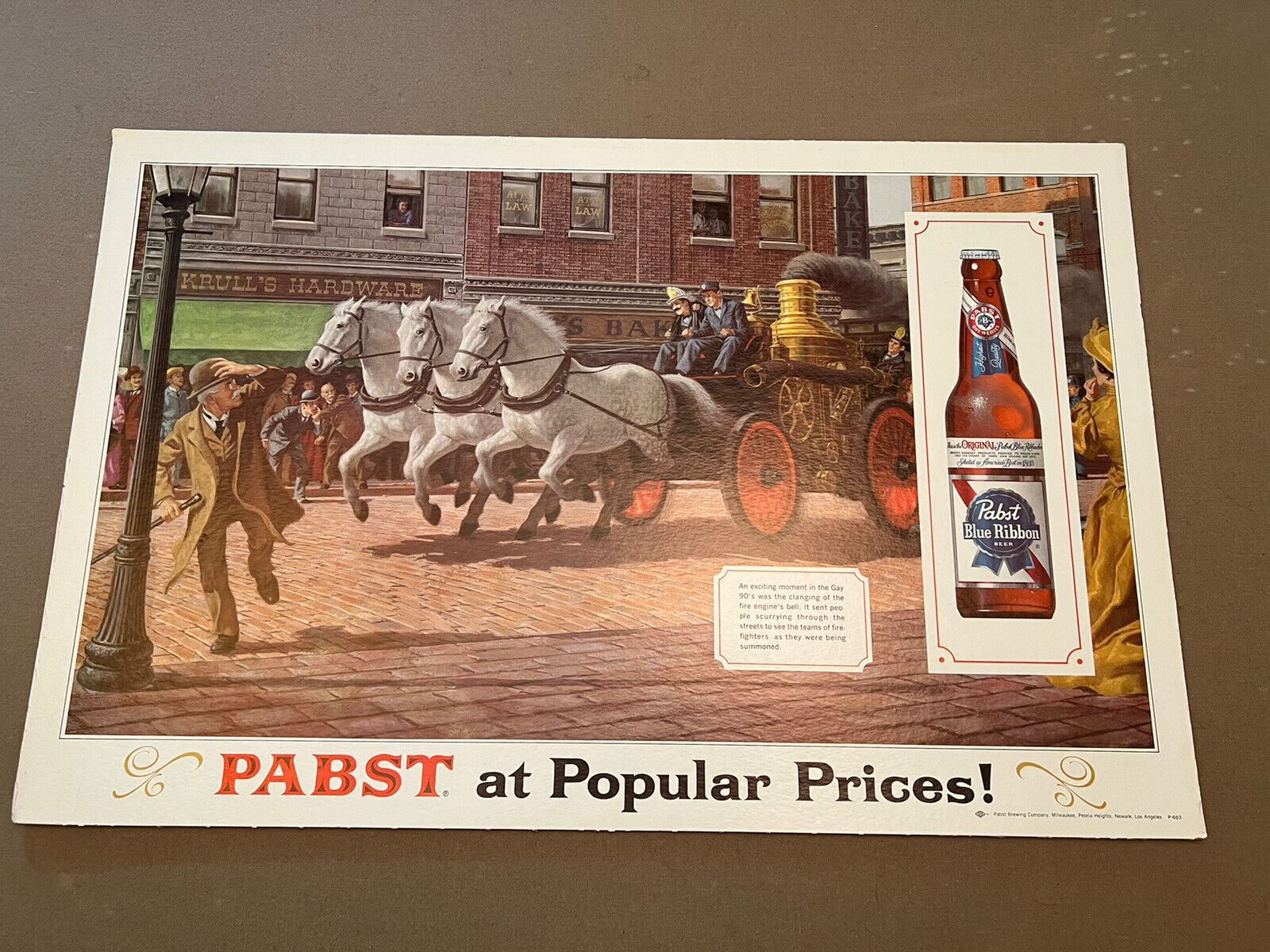 Vtg Pabst Blue Ribbon Advertising Cardstock Poster Fire Engine Pabst Brewing Co