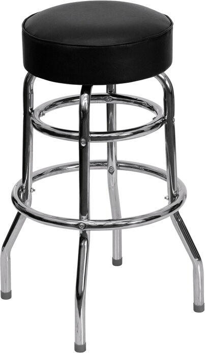 Commercial Quality Double Ring Chrome Barstool With Black Vinyl Seat