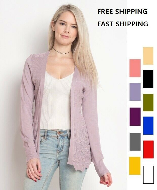 Women's Long Sleeve Open Front Cardigan With Pointelle Detail Cotton & Rayon
