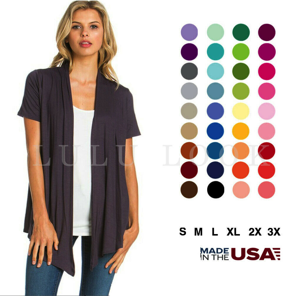 Women's Solid Short Sleeve Cardigan Open Front Wrap Vest Top Plus Usa (s-3x)