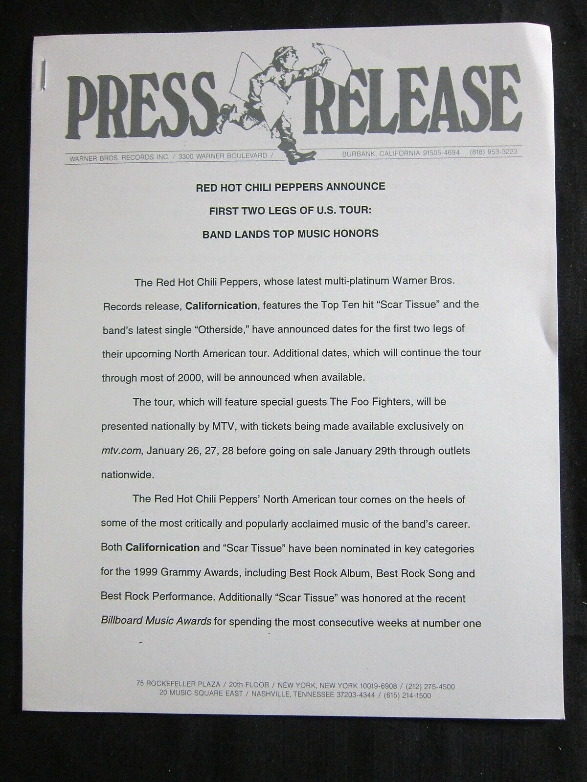 Red Hot Chili Peppers—2000 Press Release—‘u.s. Tour’