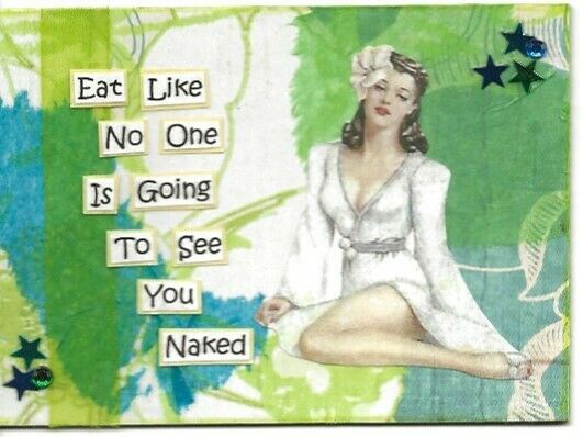 Aceo Atc Art Card Collage Original Women Ladies Eat Naked White Dress Slipper