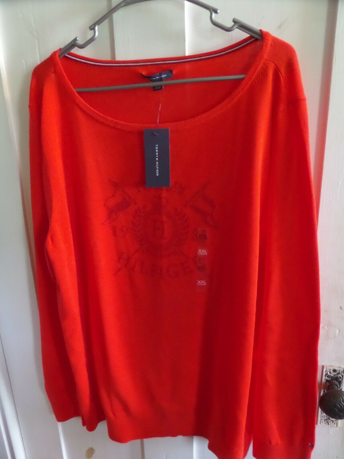 Tommy Hilfiger Womens Size 2xl Red Long Sleeve Sweater Front Logo 100% Cotton Nw