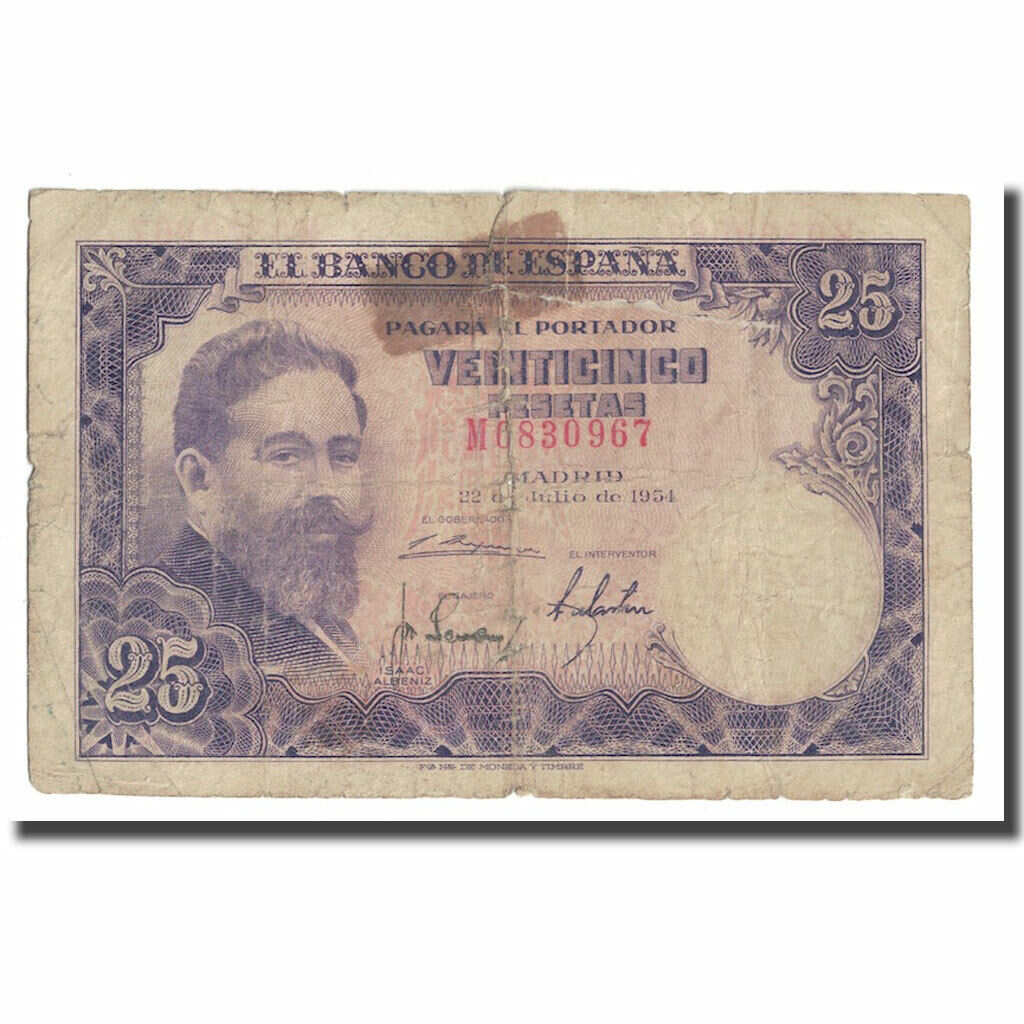 [#647293] Banknote, Spain, 25 Pesetas, 1954, 1954-07-22, Km:147a, F