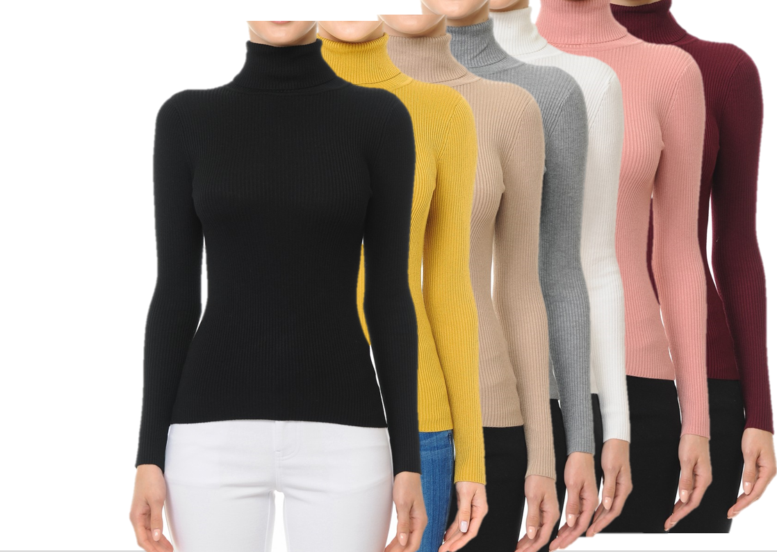 Women's Basic Stretch Knit Long Sleeve Soft Turtle Neck Top Pullover Sweater S-l