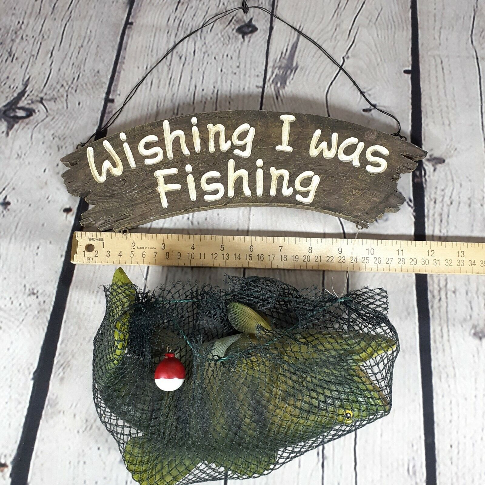 Vintage Fishing Sign "wishing I Was Fishing" Sign With Fish In Net