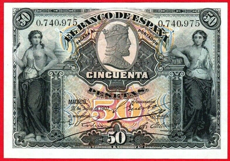 Unc, Very Rare In This Quality, 50 Pesetas 1907, Spain
