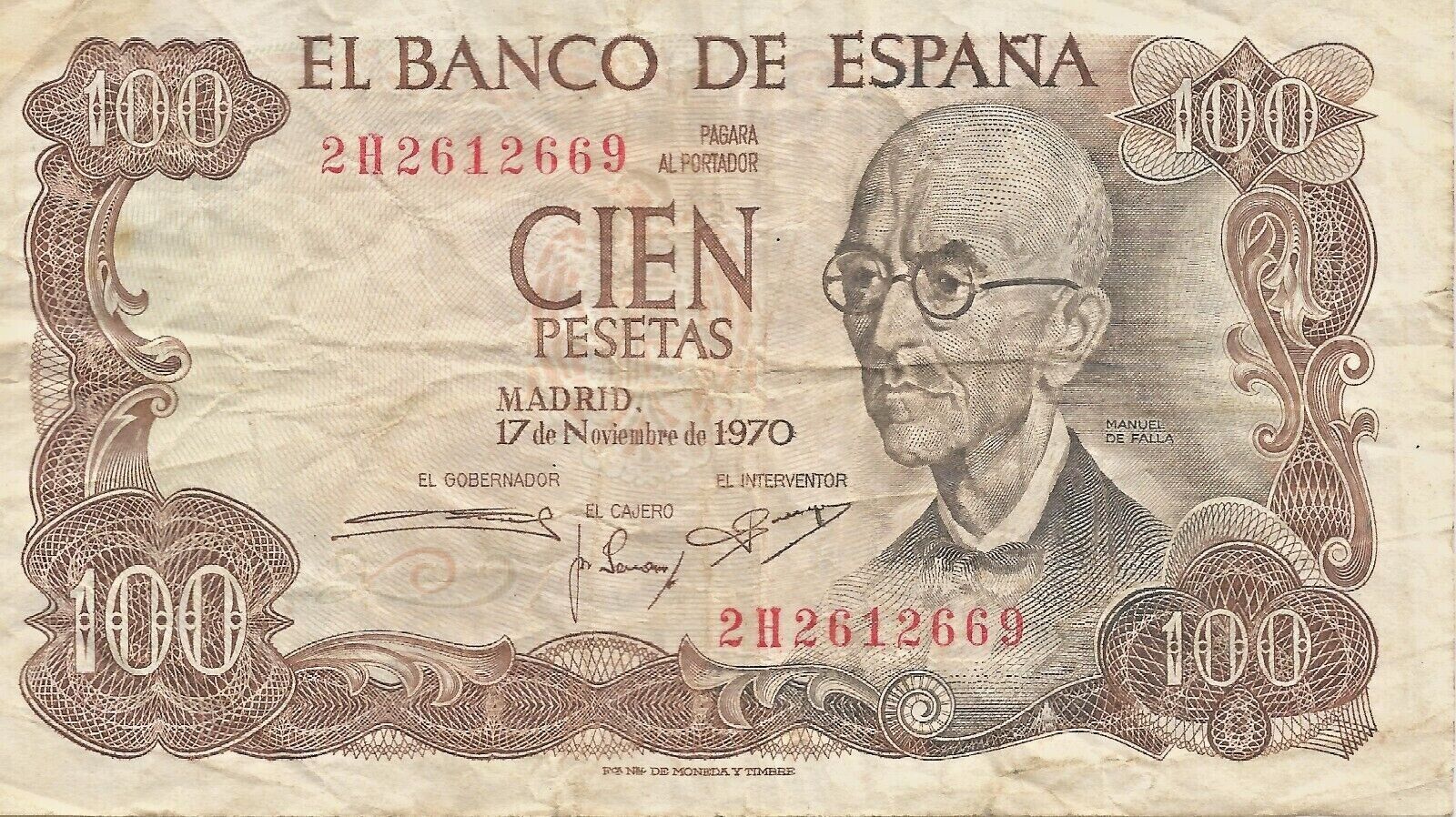 1970 Bank Of Spain Cien 100 Pesetas Banknote Circulated # 30
