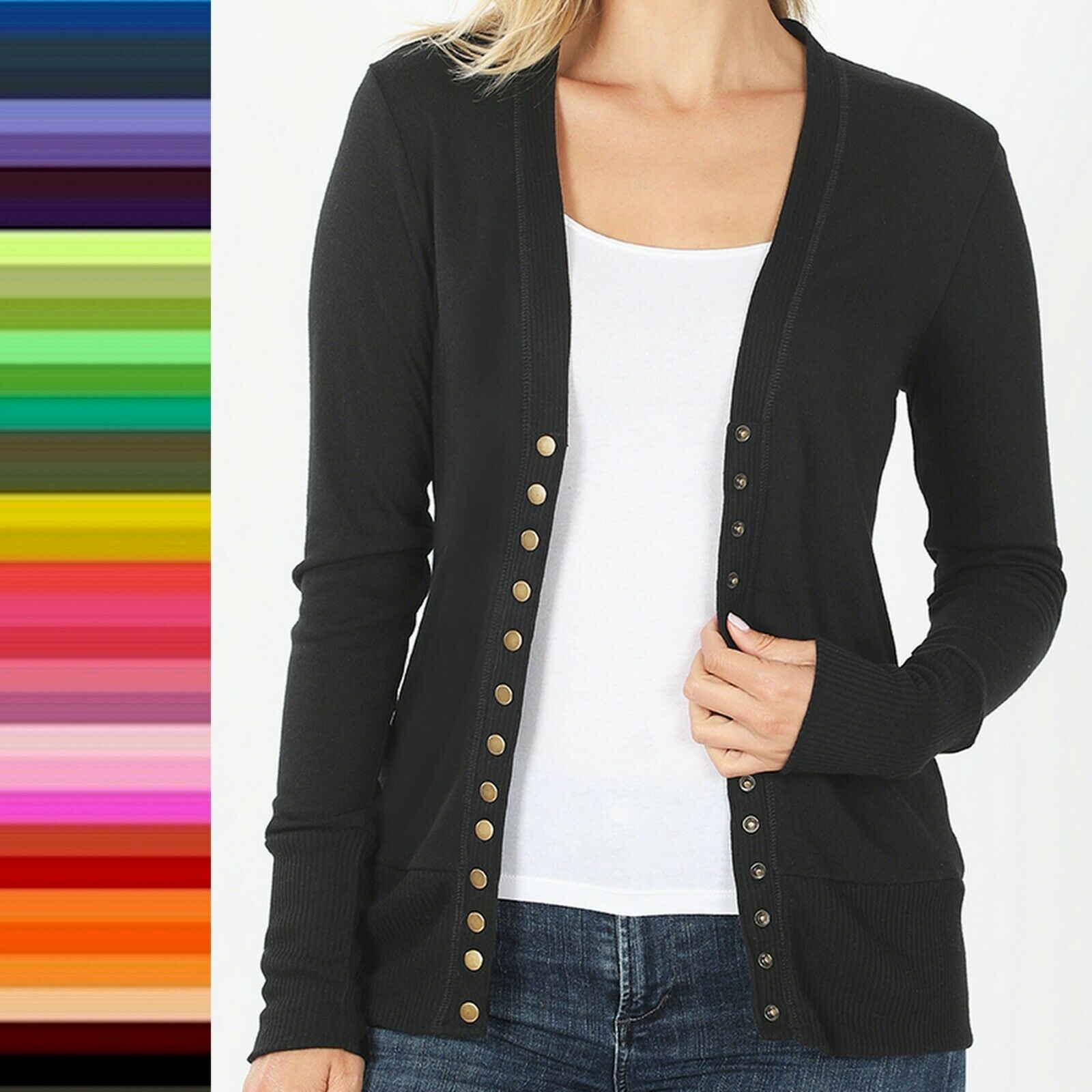 Snap Button Front V Neck Long Sleeve Sweater Cardigan Ribbed Details Hw-2039