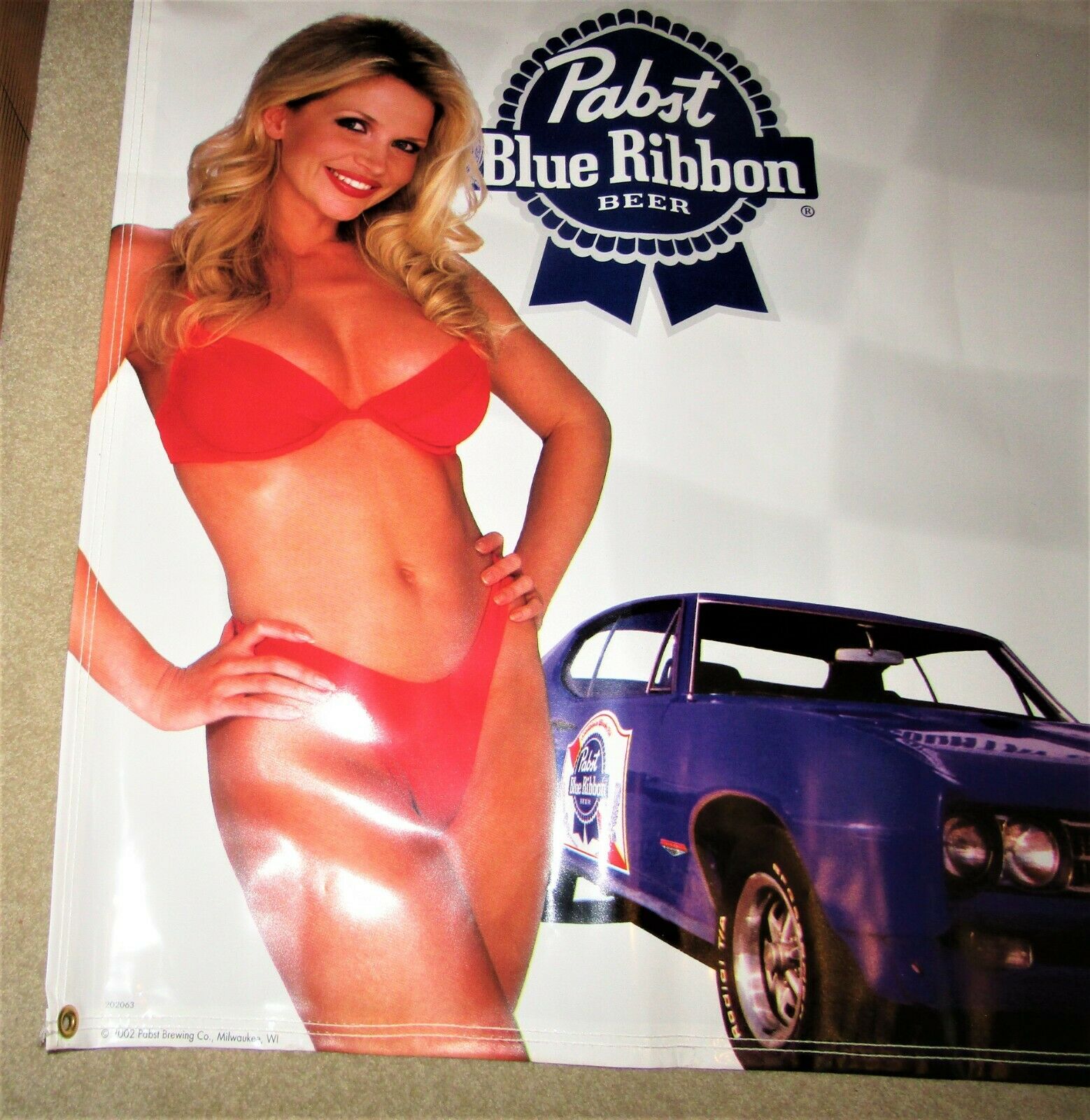 Pabst Beer  2002 6" Ft Banner Sexy Blonde Girl & 1960's Pontiac Gto Car