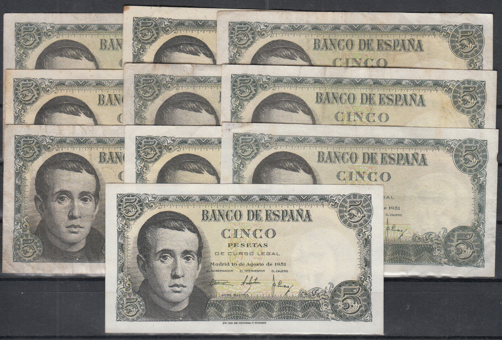 Spain Lot Of 10 Banknotes Of 5 Pesetas 1951 Balmes - Various Series - Different