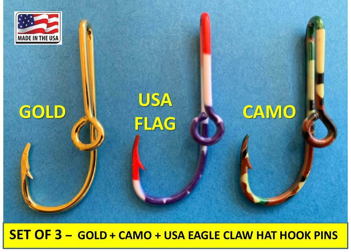 Gold + Camo + Usa Flag --> Eagle Claw Fish Hook Hat Pin Money Clip -  Set Of 3!