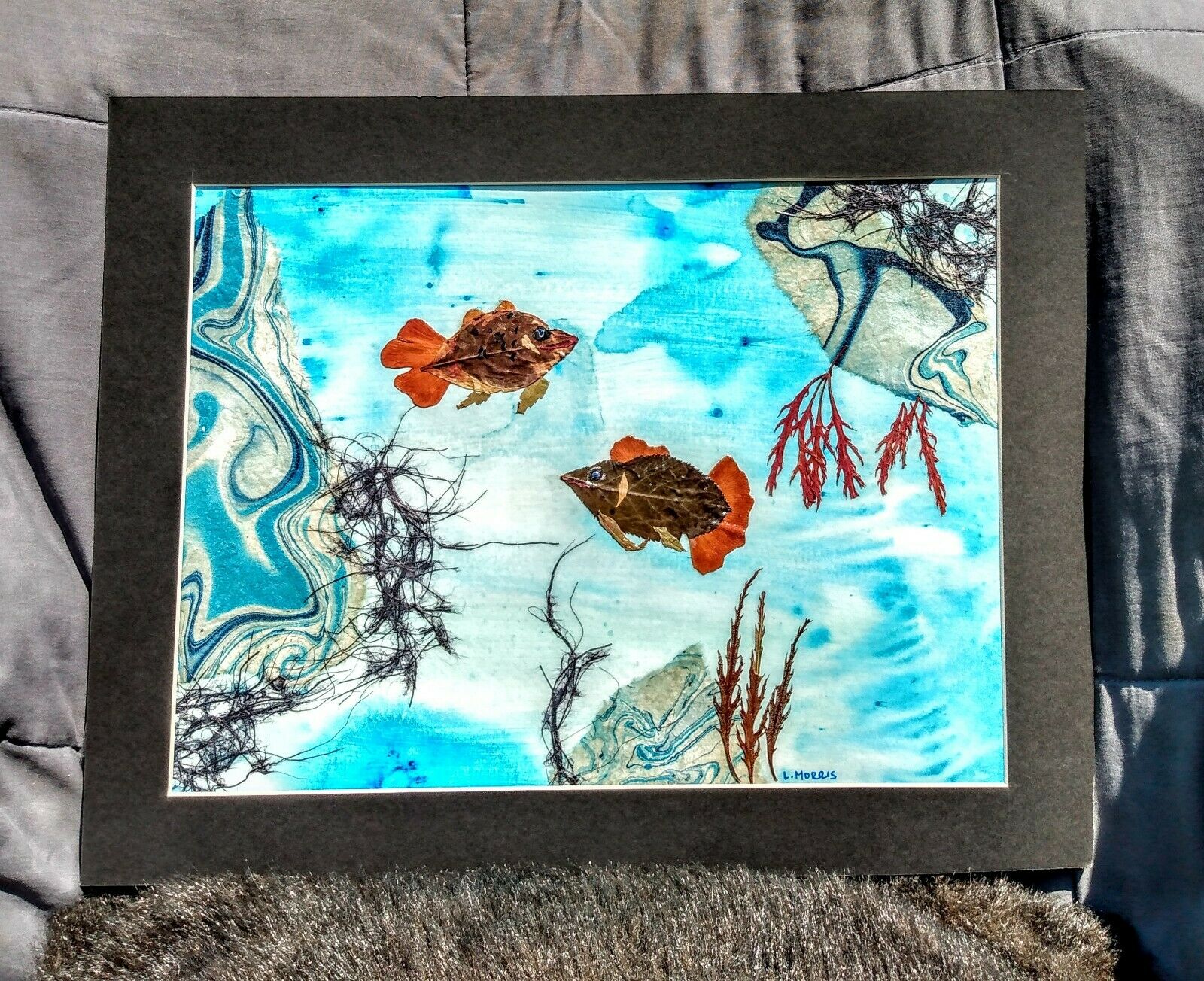 Original Pressed Leaf Watercolor Collage "the Sapphire Reef" By L Morris