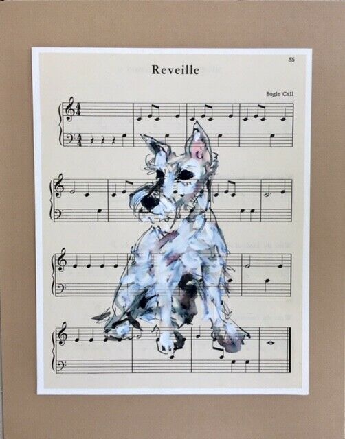 Original Painting Canine Art Dog Schnauzer Vintage Sheet Music Matted 14" X 11"