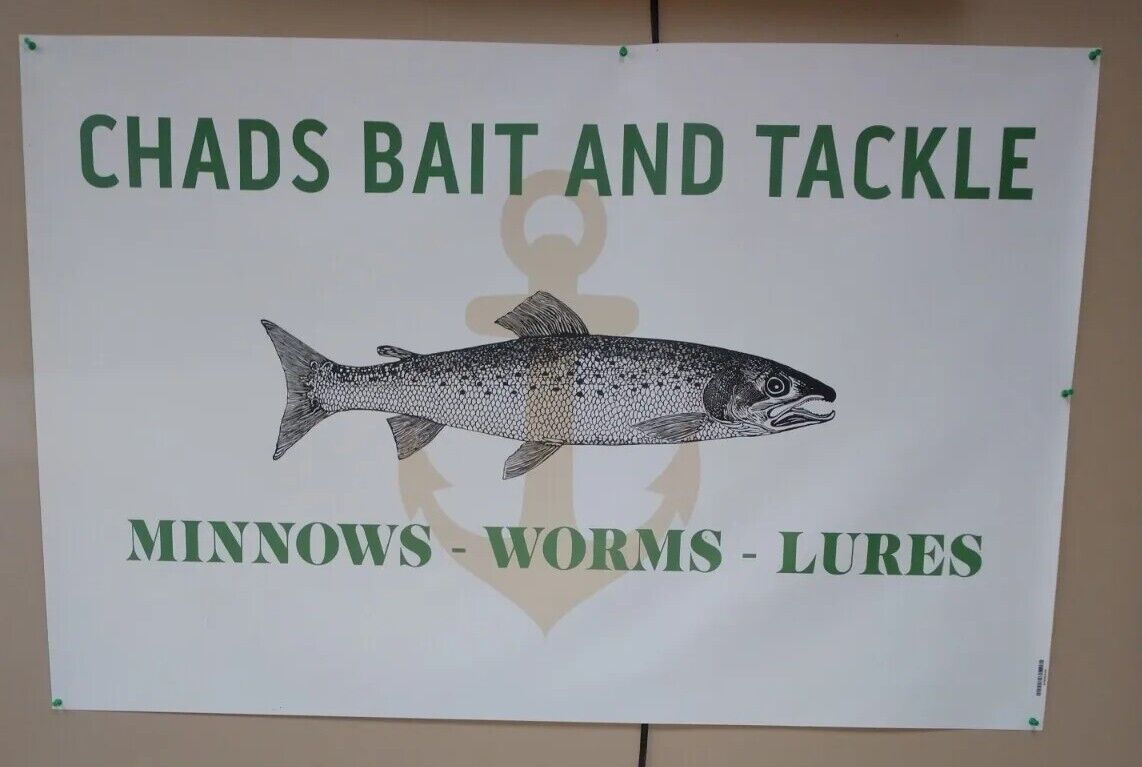 Chads Bait & Tackle Fishing Shop Vinyl Sign 48" W X 30" H Man Cave