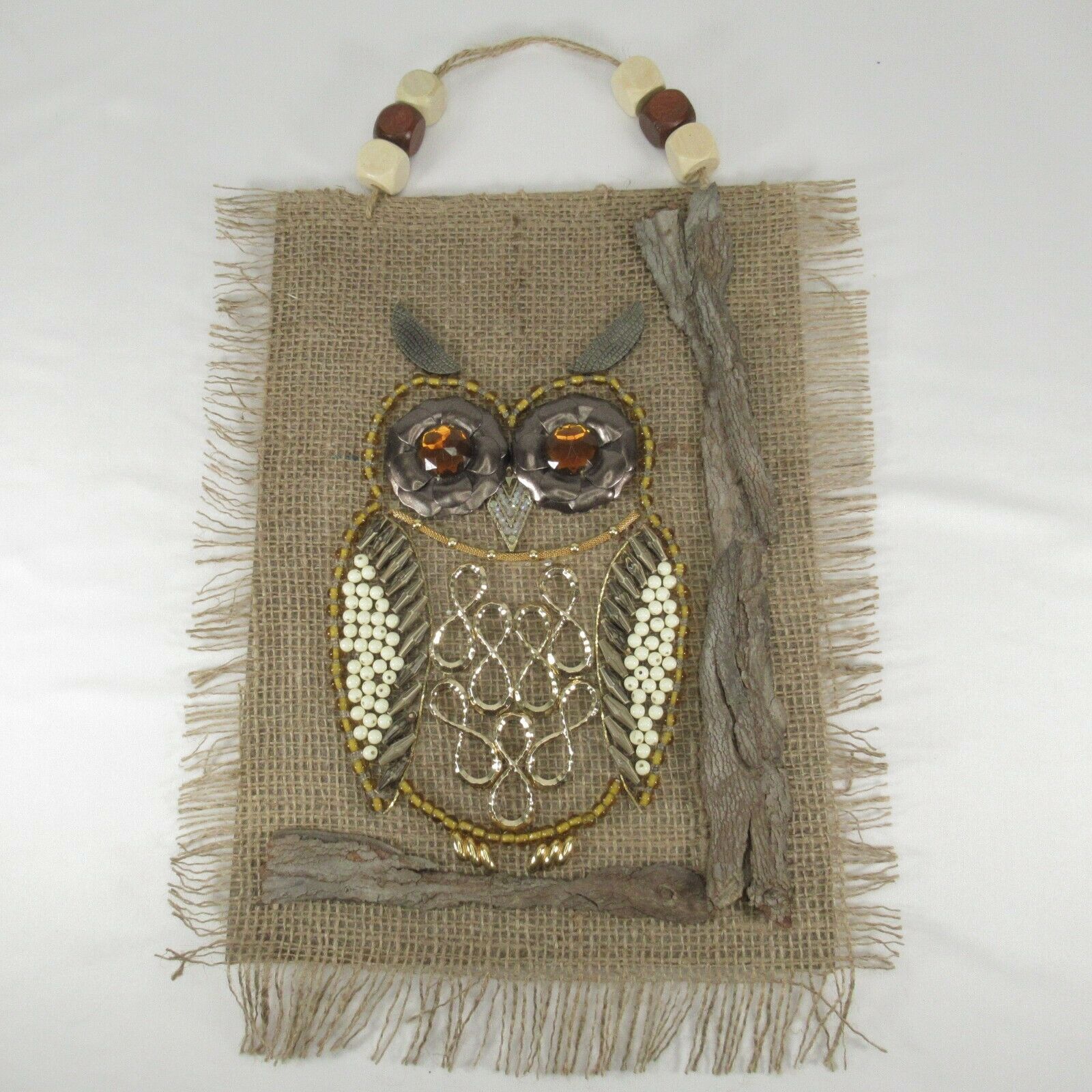 Jewelry Art Owl Handmade Collage Modern Vintage Pieces Burlap Wall Hanging 9x13