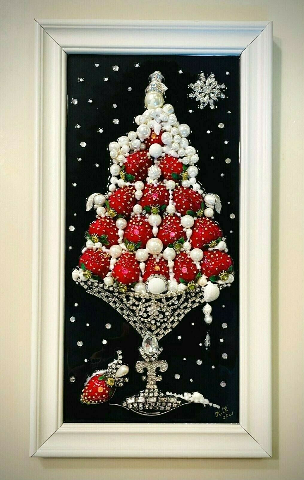 Christmas Tree, Strawberry Dessert, Framed Jewelry One Of A Kind Art Unique Gift