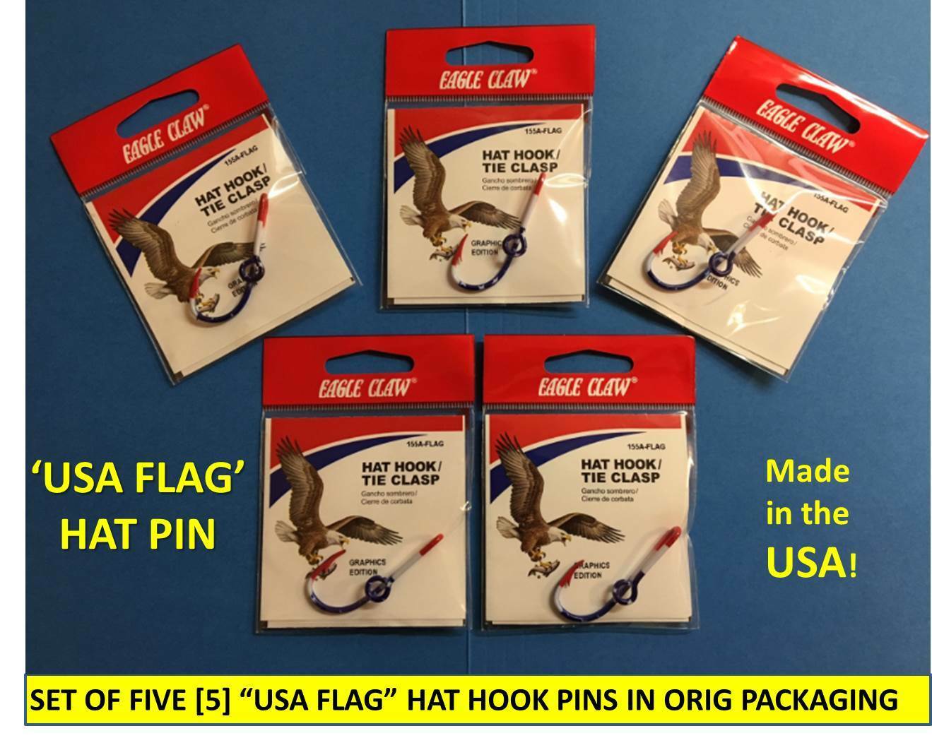Five [5] Eagle Claw Original “usa Flag” Fish Hook Hat Pin/money Clip In Orig Pkg