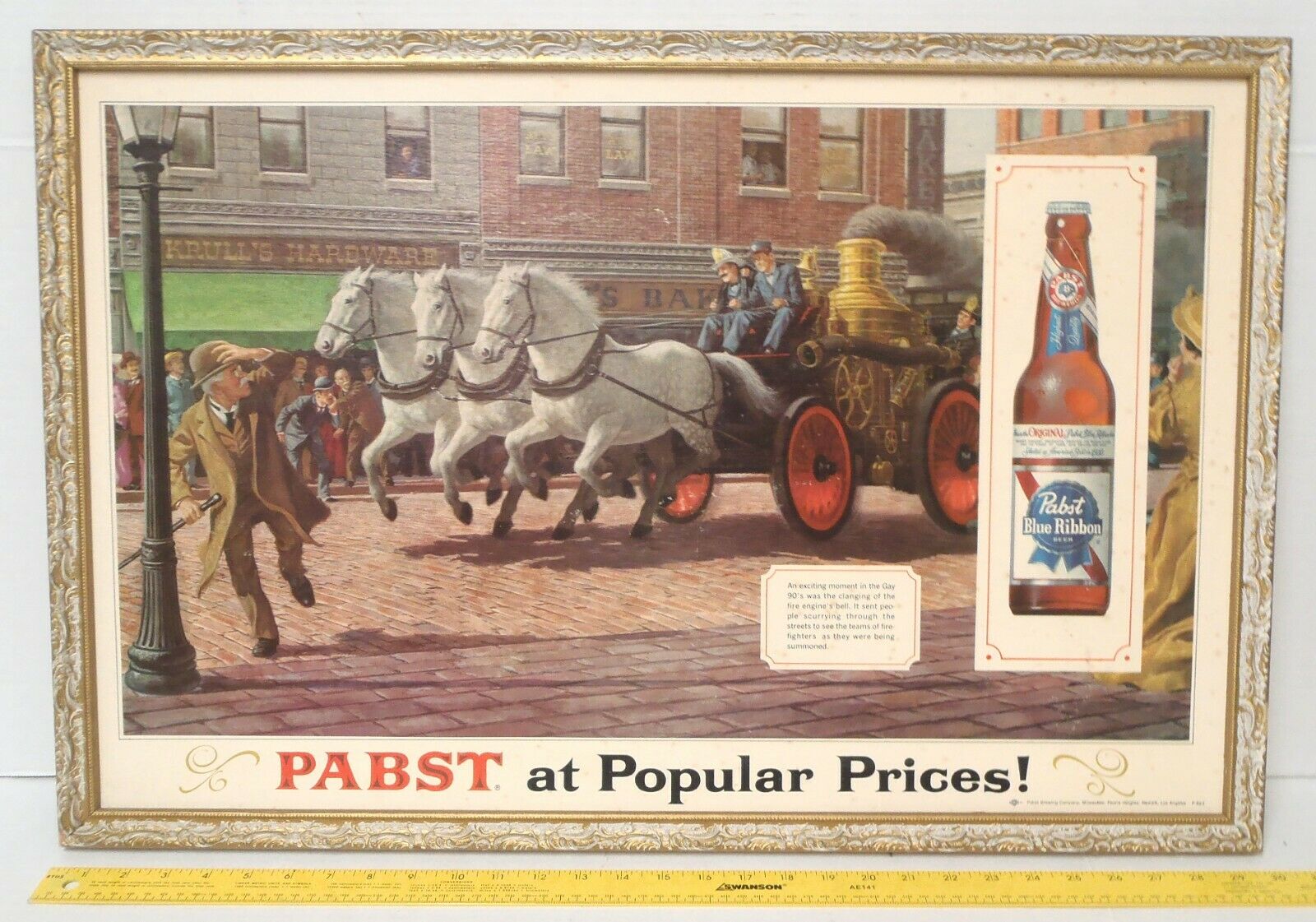 Vintage Pabst At Popular Prices Framed Horse Drawn Fire Pumper Sign # P-603